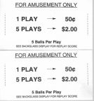 Coinage Card For Amusement Only 1/.50, 5/2.00 5 Balls and 3 Balls